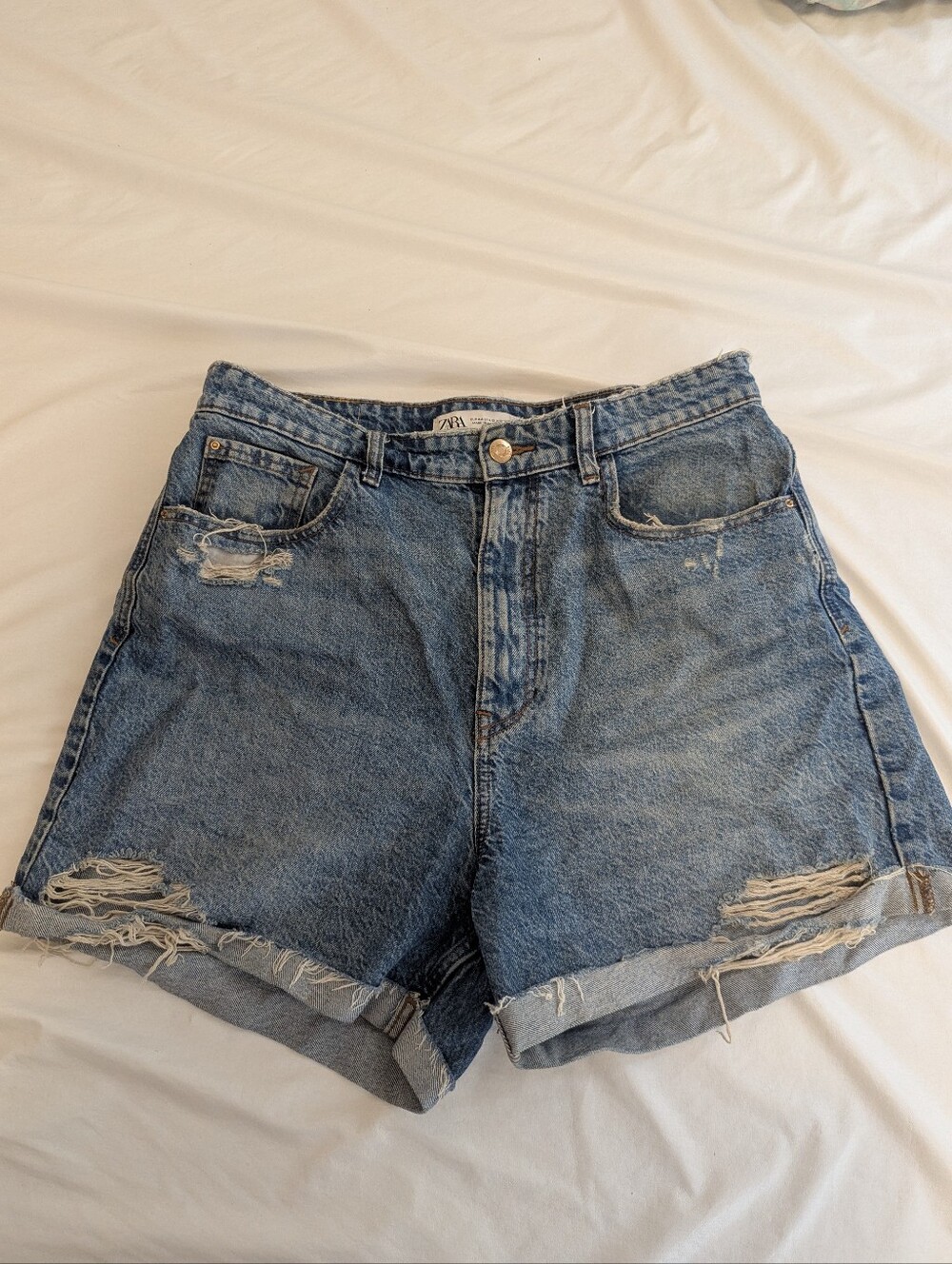 Zara Washed Blue High-Rise Distressed Denim Shorts